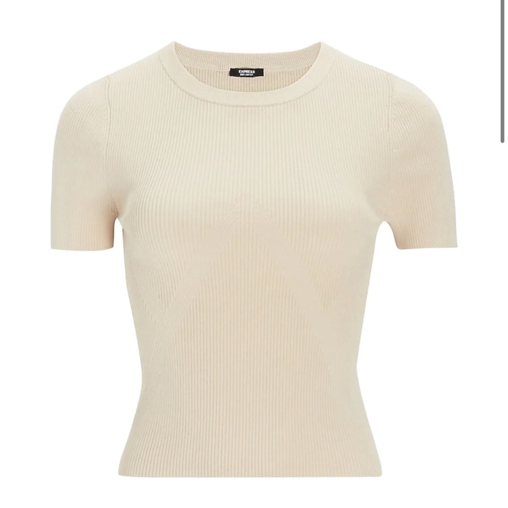 NEW! EXPRESS Body Contour Ribbed Short Sleeve Sweater Sandshell Small